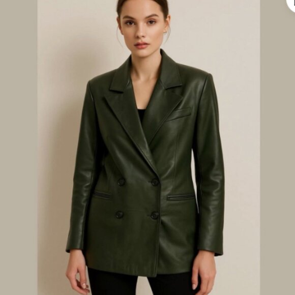 7 for All Mankind Olive Green Wrap Blazer Faux Leather Jacket Blazer sz L - Picture 1 of 7